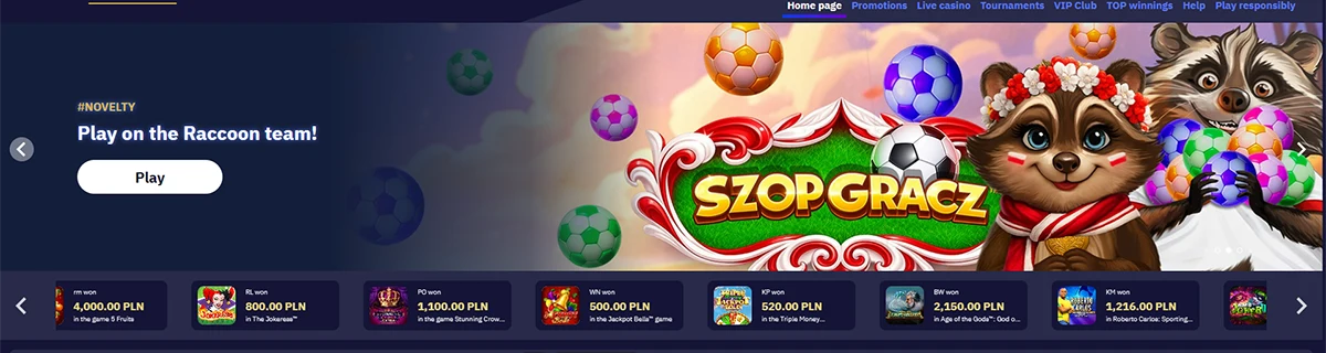 TotalCasino Szopgracz banner with raccoon team and football balls