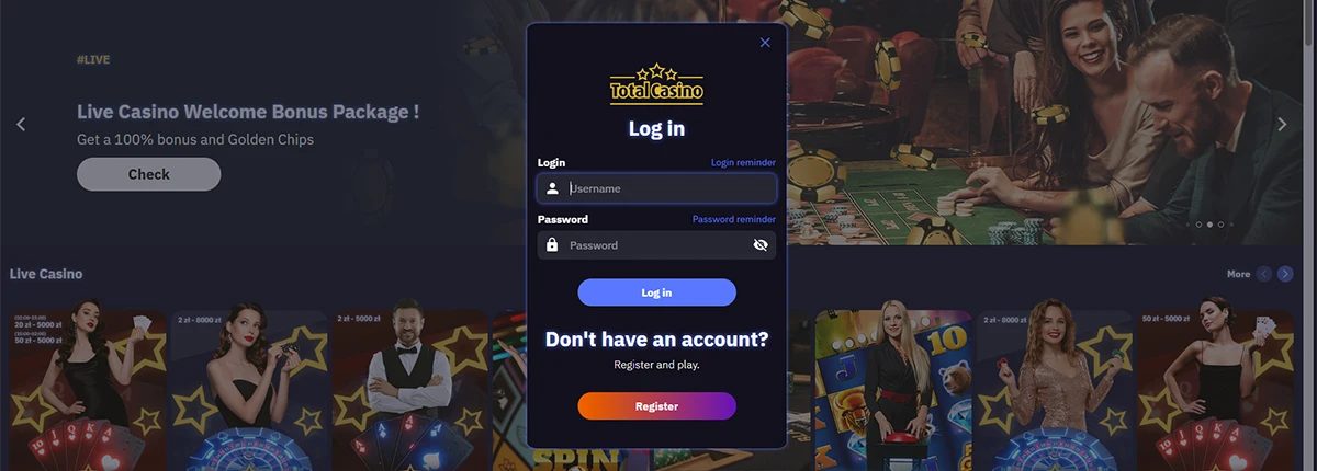 TotalCasino login form with username, password fields and register button